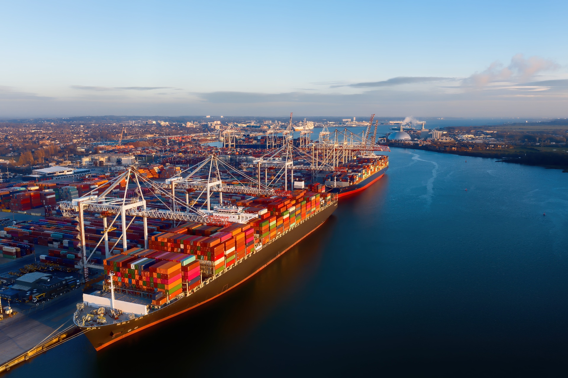 Aerial view of Hamburg port with container ship